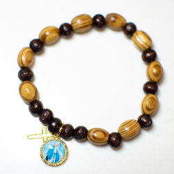 Bransoletka drewniana Różaniec na rękę z medalikiem Matki Bożej i krzyżykiem