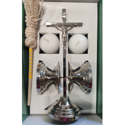 Komplet kolędowy metalowy, srebrny(zestaw krzyż, świece, świeczniki) pudełko
