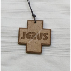 Krzyżyk drewniany na szyję z napisem Jezus